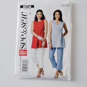 May include: A sewing pattern package featuring two women modeling different outfits. The package has the text "see & sew" and "YES! It's easy" printed on it. The outfits include a red top with white pants and a blue striped top with blue pants.