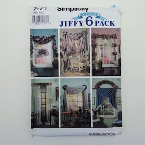 May include: Simplicity Abbie's Jiffy 6 Pack sewing pattern. The package features six window treatment designs. The package is white with images of the finished curtains. The pattern number is 7:21 and is one size.