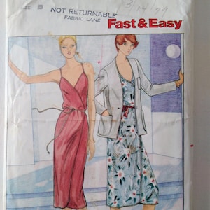 May include: Vintage Butterick sewing pattern featuring two women's fashion designs. One woman is wearing a red wrap dress, and the other is wearing a floral print dress with a white jacket. The pattern is labeled "Fast & Easy".