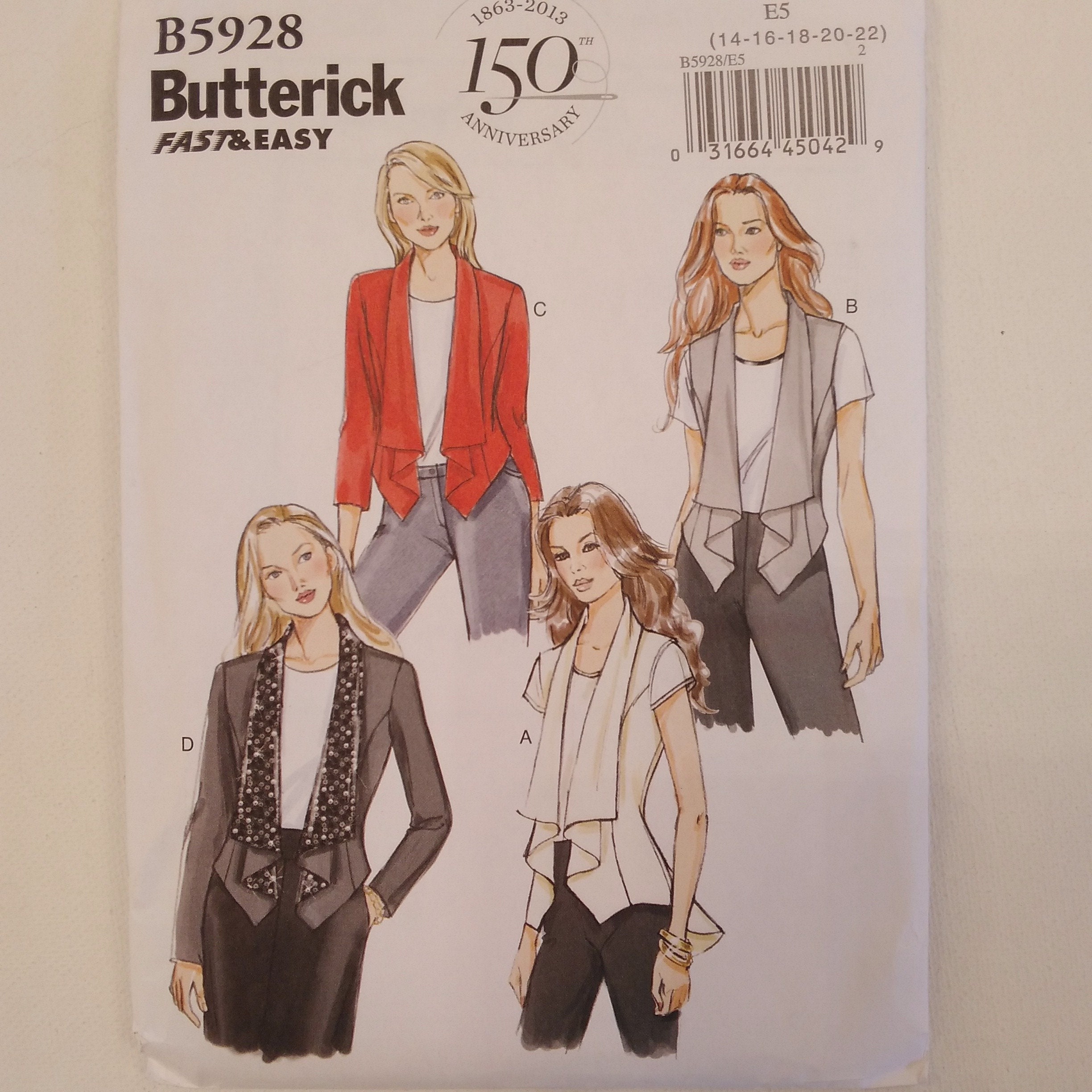 Jacket or Vest Pattern With Draped Front - Butterick 5928 - Sizes 14 ...