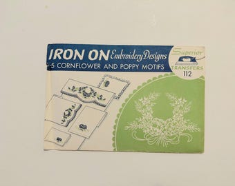 Vintage Floral Iron On Transfers -  Cornflower and Poppy Motifs - UNCUT