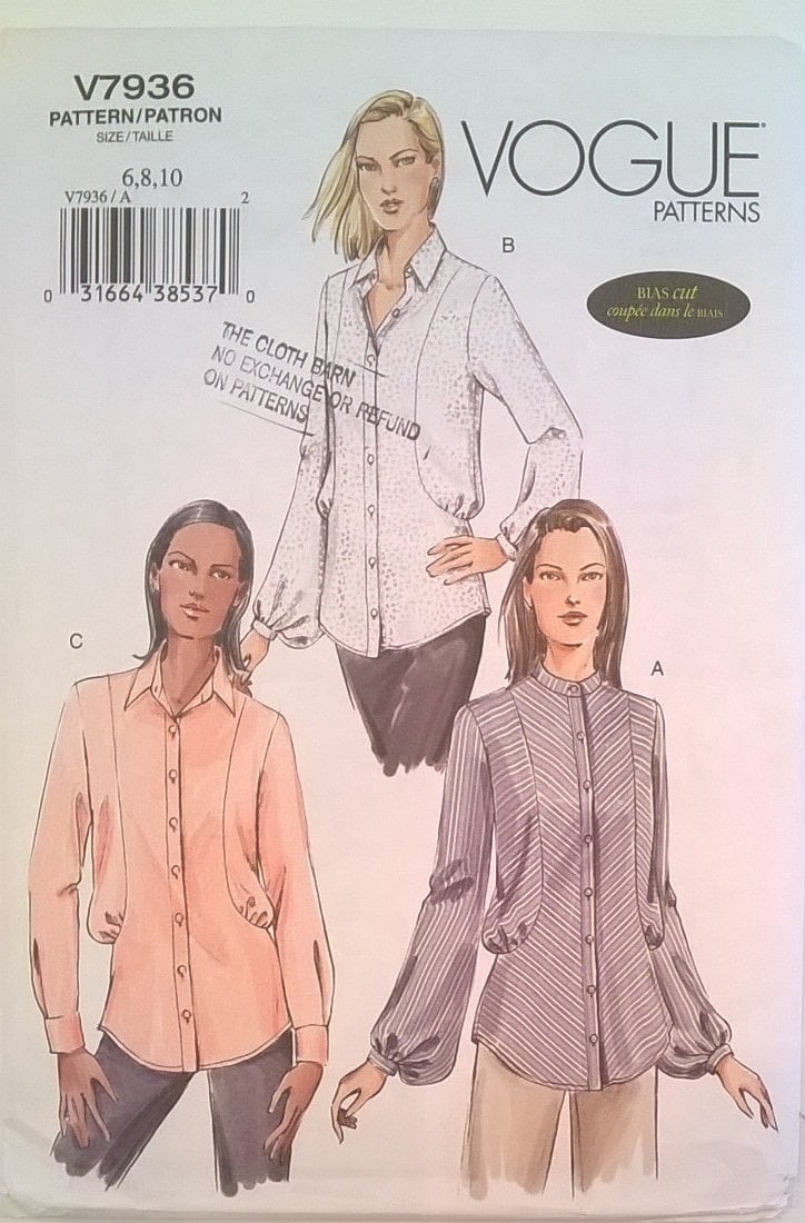 Vogue Pattern 7936 Misses Womens Shirt Bias Cut Semi-Fitted Gathered Side Front Panels Collar Band Long Sleeves Pleats Size 12 14 16 UNCUT