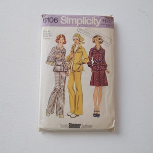 May include: A Simplicity sewing pattern for women's clothing. The pattern number is 6106 and the price is $1.25. The pattern includes three different styles: a plaid pantsuit, a yellow pantsuit, and a red and white patterned dress. The pattern is labeled "Look Slimmer Pattern".