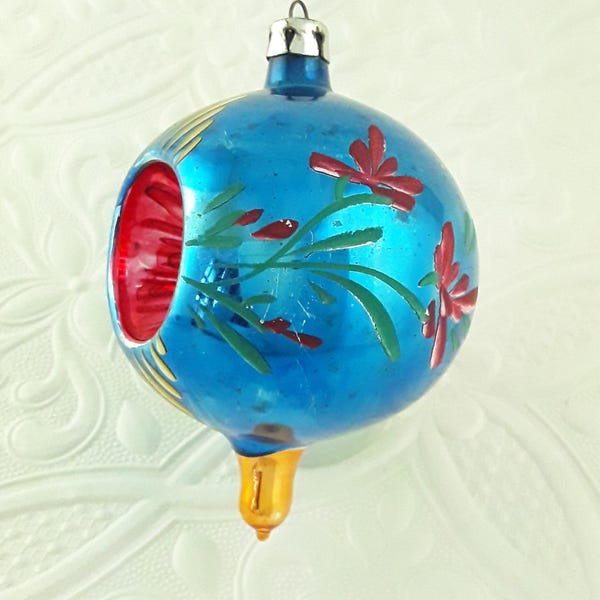 Ornamento a palloncino in vetro di mercurio a doppia indentazione, vetro soffiato, dipinto a mano, Polonia