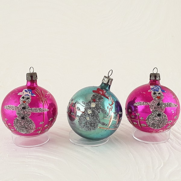 Snowman Ornaments, 3, Black Mica, Poland Ornaments, Hand Decorated, Vintage Christmas, Pink, Teal, Snownman Lover, Winter Tree,