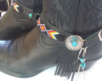 PAIR Native/Black Hand made boot strap / bracelet accessory - hand loomed beads, quality leather, glass beads and durable hardware.