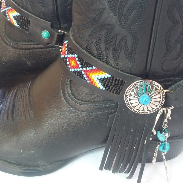 PAIR Native/Black Hand made boot strap / bracelet accessory - hand loomed beads, quality leather, glass beads and durable hardware.