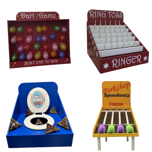 4 Games, Carnival Party, Poop Emoji, Toilet Bowl Toss, Pig Race, Dart Game, Balloon Pop Game, Ring Toss game, Lawn games, event games