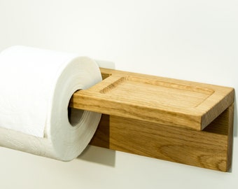 Toilet paper holder made of wood, toilet paper holder, with shelf, oak wood, roll left side