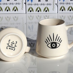 280ml Greek Eye Ceramic Mug - Cream Mug - Greek Gift - Eye Gift - Greek Mati - Evil Eye