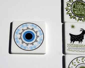 Greek Marble Coaster - Dainty Blue Eye - Greek Illustration - Greek Gift - Greek Marble - Evil Eye - Mati