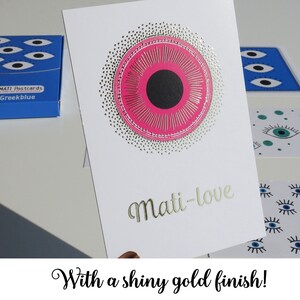 Pink Greek Mati Postcard -  Special Finish Postcard - Evil Eye  - Pink and Gold Evil Eye - Greek Postcards - Evil Eye Gift - Greek Postcard