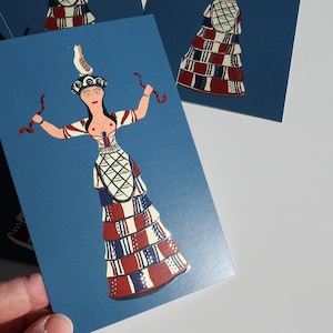 Cartão postal da deusa serpente minóica - Estatueta minóica - Palácio de Knossos - Símbolo da fertilidade - Cartão postal grego - Folha de prata - Ilustração grega