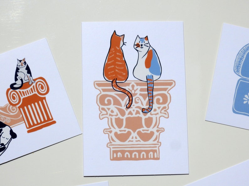 Cartolina n. 1 - Finitura speciale Gatti e rovine greche - Cartoline greche - Cartolina greca - Rovine antiche - Amante dei gatti - Regalo gatto greco immagine 1