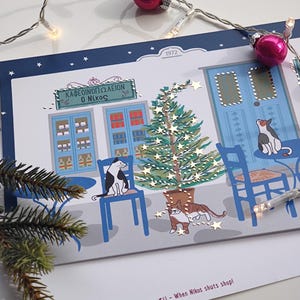 Carte de Noël finition spéciale chats grecs - finition dorée - Grèce - nouvel an grec - kafeneio grec - illustration grecque