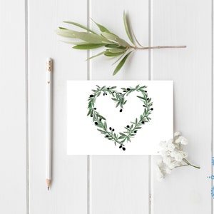 Carte postale de coeur d’olive - olives grecques - illustration de branche d’olivier