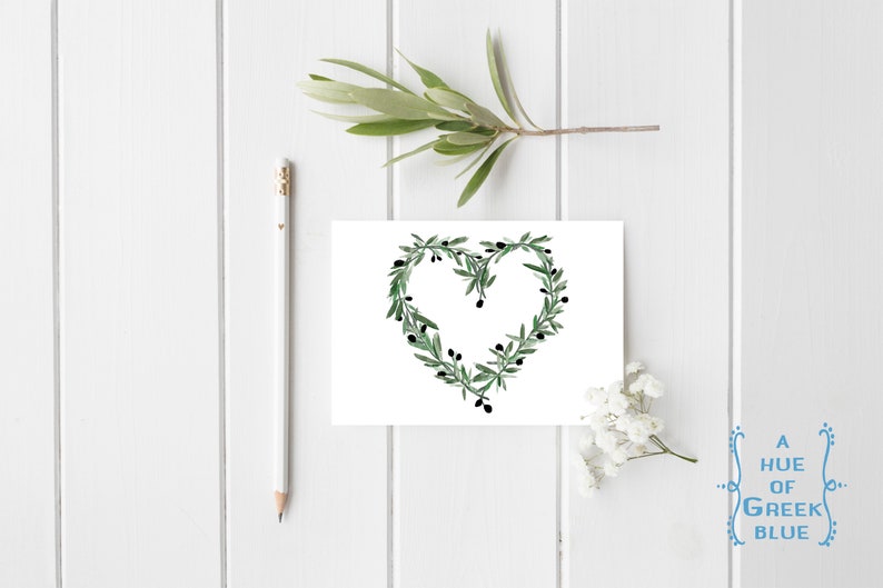 Carte postale de coeur d’olive - olives grecques - illustration de branche d’olivier image 1