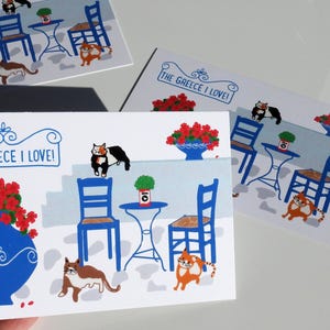 The Griechenland I Love Postkarte - 3D Hochglanz Postkarte - Griechische Insel - Griechische Katzen - Geranien - Griechische Postkarte - Griechische Illustration