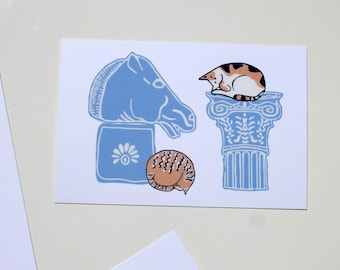 Cartolina n. 5 - Finitura speciale gatti e rovine greche - Cartoline greche - Cartolina greca - Rovine antiche - Amante dei gatti - Regalo gatto greco
