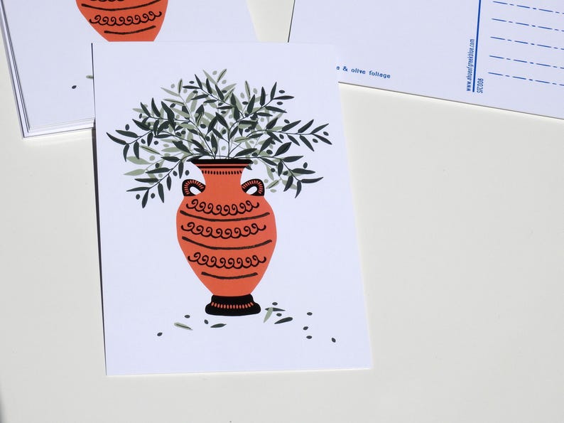 Cartolina con anfora e fogliame di ulivo con finitura oro - Cartolina greca - Illustrazione greca - Olive greche - Vaso greco antico - Ramo di ulivo immagine 4