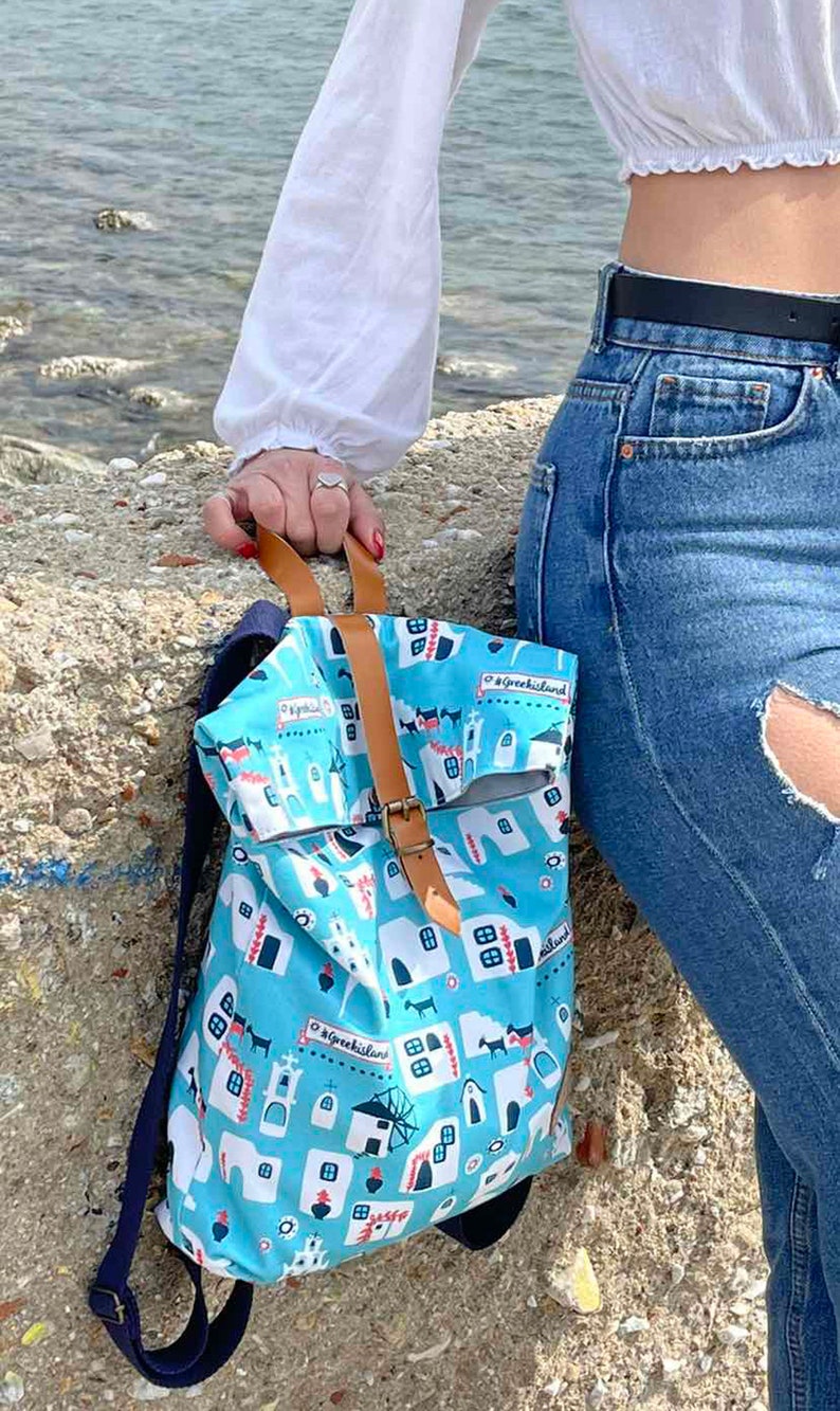 Greek Island Roll Top Backpack Rucksack Greek Bag Greek Etsy
