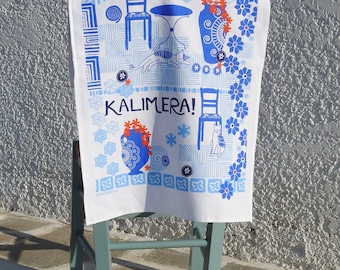 KALIMERA!  100% Cotton Tea Towel Greek Kitchen - Greek Gift