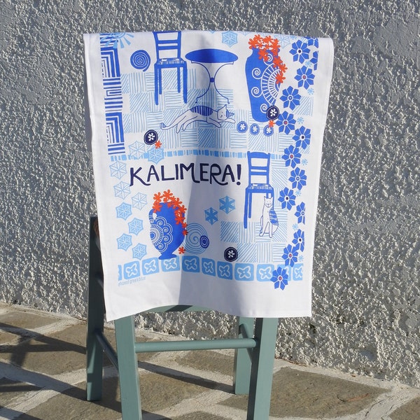 KALIMERA!  100% Cotton Tea Towel Greek Kitchen - Greek Gift