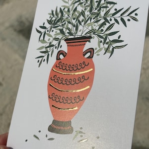 Gold Finish Amphora and Olive Foliage  Postcard -  Greek Postcard - Greek Illustration - Greek Olives - Ancient Greek Pot - Olive Branch