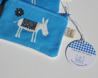 Printed Cotton Purse - Blue Donkey - Respect the Greek Donkey - Greek Coin Purse