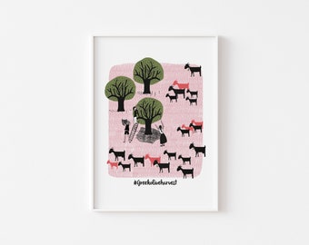 A4 Print -Greek Olive Harvest - Greek Goats - Greek Olive Tree - Greek Illustration - Greek Gift