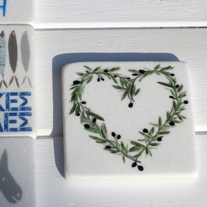 Greek Marble Coaster - Olive Heart - Greek Illustration - Greek Gift - Olive Wreath