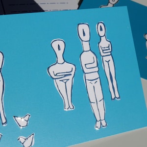 Cartolina idoli cicladici - Figure cicladiche - Arte egea - Isola greca - Cartolina greca - Lamina d'argento - Illustrazione greca
