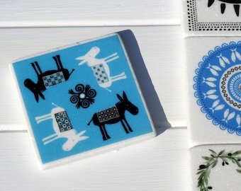 Greek Marble Coaster - Blue Donkey - Greek Illustration - Greek Gift - Greek Donkey - Donkey Gift