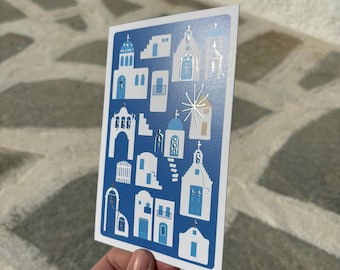 Chiaramente Cartolina delle Cicladi - Le Cicladi - Isola Greca - Cartolina Greca - Lamina d'Argento - Illustrazione Greca - Chiese Greche