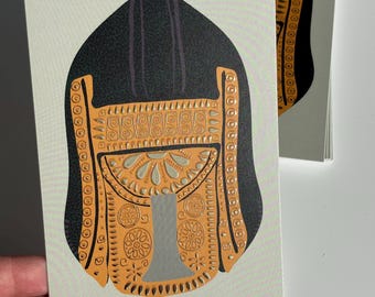 Carte postale casque funéraire - carte postale grecque - illustration grecque - guerrier grec - fantassin - hoplite