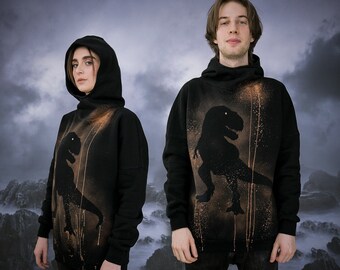 Hoodie with tyrannosaurus. Unisex hoodie with dinosaur. Gothic sweatshirt for him. Bleached sweatshirt for him and her. Dystopia dinosaur.