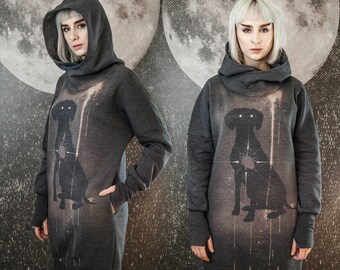 Long Hoodie with dog. Bleached dog long sweatshirt with thumb holes. Gothic unisex hoodie with dog. Long post apocalyptic hoodie.