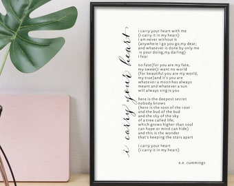 i carry your heart framed print, i carry your heart with me E.E. Cummings - Love poem print - Wedding gift