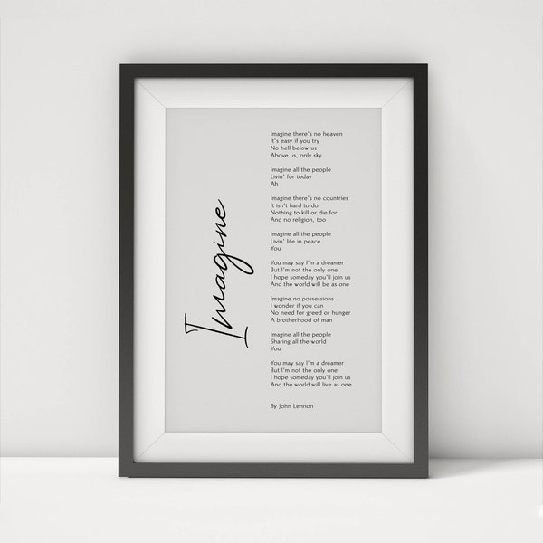 Imagine by John Lennon Print Framed - Imagine Lyrics Print - John Lennon Poem Song Poster Print Framed - The Beatles