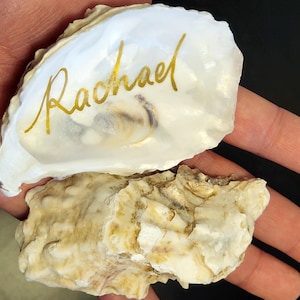 Peut inclure: Une coquille d'huître blanche avec une inscription dorée qui dit "Rachael". La coquille est ouverte et l'intérieur est visible. La coquille est posée sur une coquille d'huître fermée.