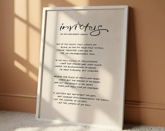 Lámina con poema caligráfico Invictus de William Ernest Henley, arte mural de poesía inspiradora, póster con cita motivacional, decoración de literatura clásica