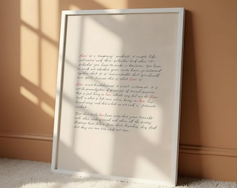 Liefde is een tijdelijke waanzin-kalligrafieprint | Mandolinecitaat van Captain Corelli | Romantische poster met liefdesgedicht | Muurkunst huwelijkscadeau