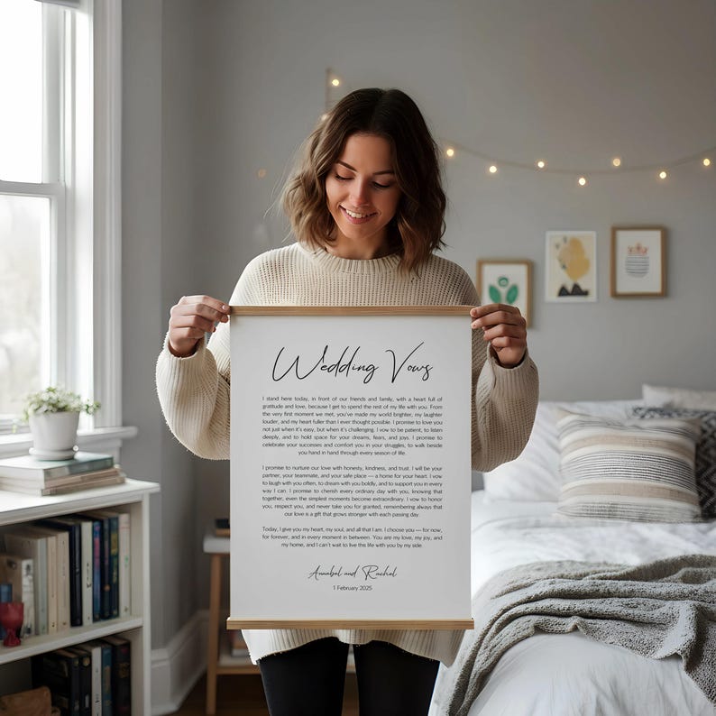 Custom Framed Poem, Personalized Text Print | Wedding Vows, Love Letter, Song Lyrics | Acid-Free Watercolor Paper Oak Poster Hanger