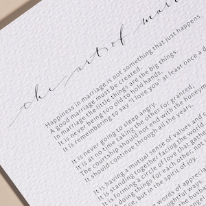 The Art of Marriage, Anniversary Gift, Wedding Gift, Marriage Gift Poem, Framed Calligraphy & Typography by Wilferd A. Peterson Print