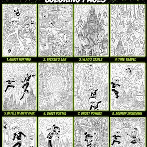 Pode incluir: Uma coleção de 12 páginas para colorir únicas de Danny Phantom com ilustrações de arte linear em preto e branco de personagens e cenas da série, incluindo caça aos fantasmas, laboratórios, castelos, portais e shows em fundo preto.