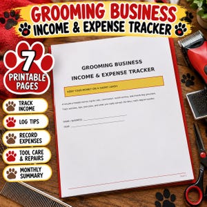 Einnahmen- und Ausgabenübersicht für Hundefriseure (druckbares PDF), Geschäftsbuch für Hundefriseure, Provisions- und Trinkgeldprotokoll, Finanzplaner für Kleinunternehmen