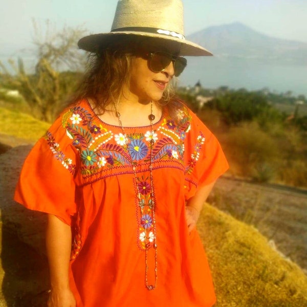 4XL. ORANGE Mexican Embroidery Blouse. Mexican Style. Traditional Embroidered Top. Peasant Shirt. Boho. Hippie. Bohemian blouse. Plus Size