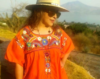 4XL. ORANGE Mexican Embroidery Blouse. Mexican Style. Traditional Embroidered Top. Peasant Shirt. Boho. Hippie. Bohemian blouse. Plus Size