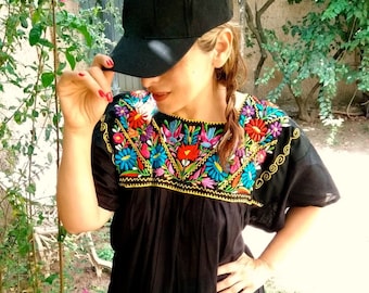 2XL & 4XL Mexican Embroidery Blouse, Boho Clothing for Women, Peasant Embroidered Top, Mexican Black Shirt,  Plus Size