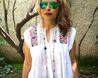 Mexican Embroidered Blouse, Mexican White Dress For Women, Peasant Plus Size Shirt, Boho Clothing Tops, Oaxacan Traditional Tunic Gift